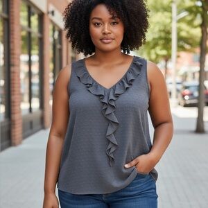 NWT LC Lauren Conrad 4X Shirt Top Blue Gray Blouse Shell Swiss Dot Lined Ruffle